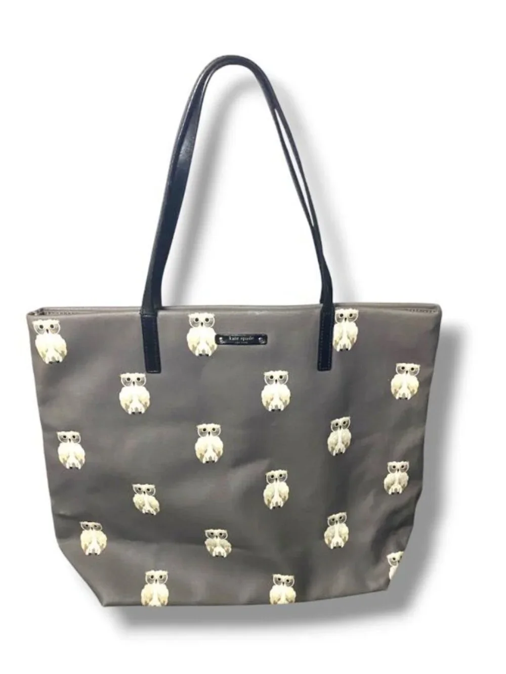 Kate Spade RARE RETIRED New York Owl Tote Bag Gray Canvas Black Leather Handles